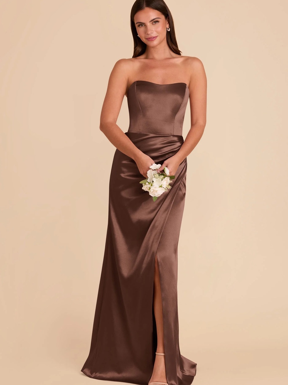 Birdy Grey Strapless Satin Gown in Brown